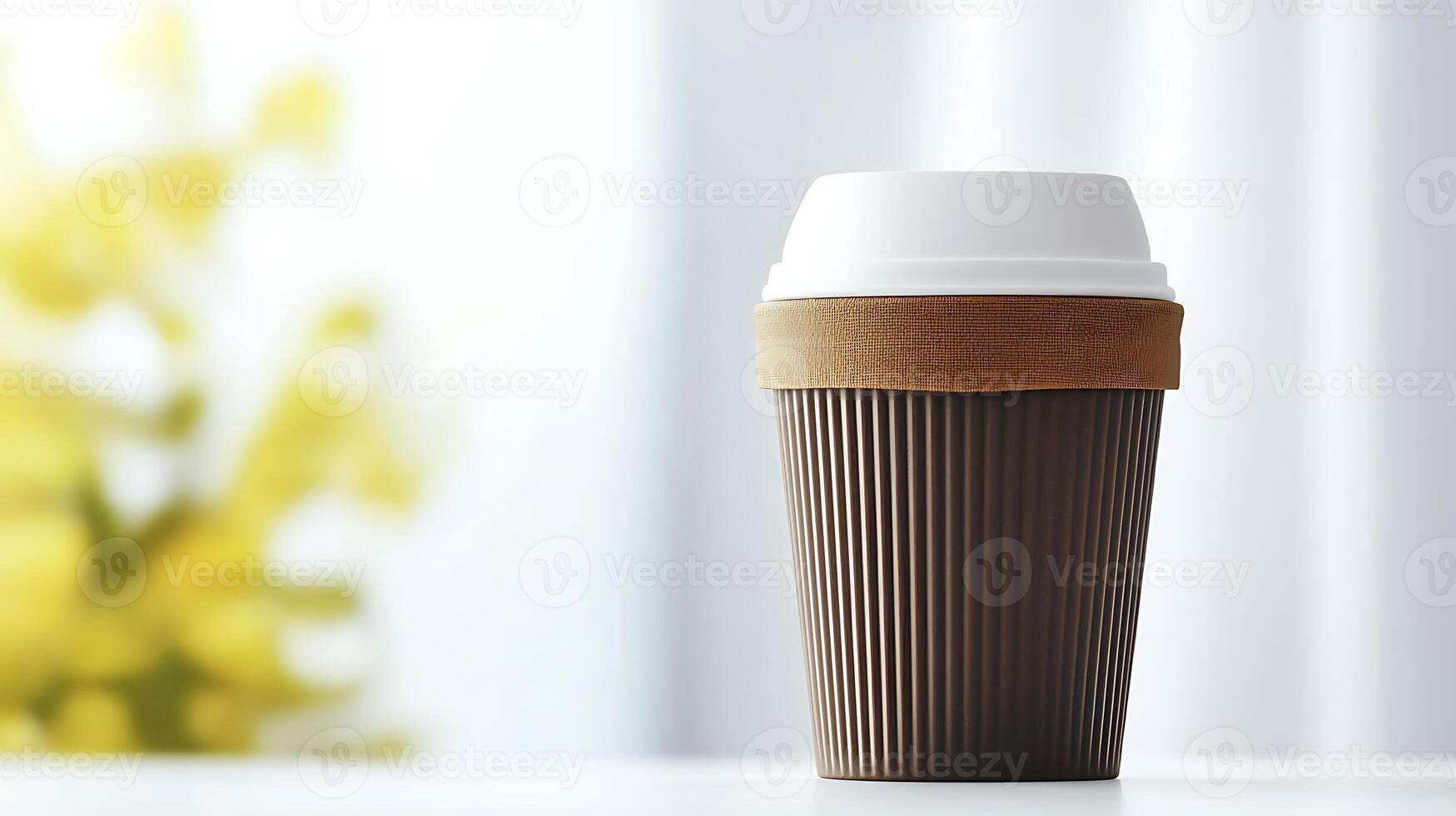 A coffee cup with a brown lid on a table photo