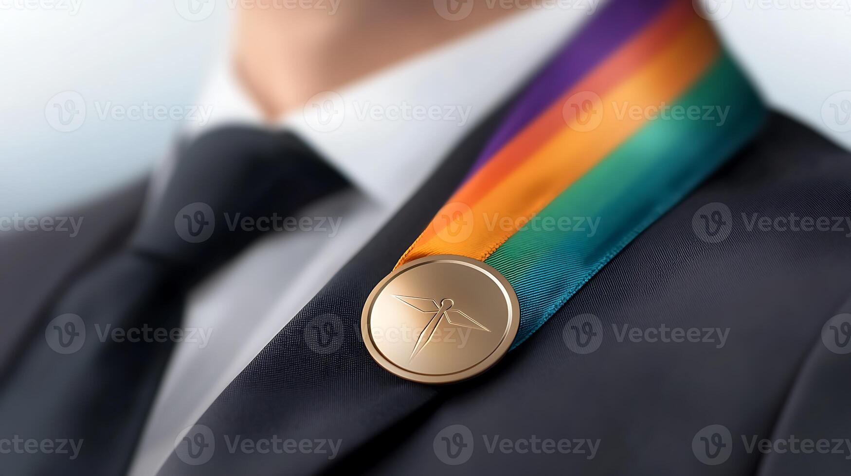 A man wearing a suit and tie with a rainbow ribbon on his lapel photo