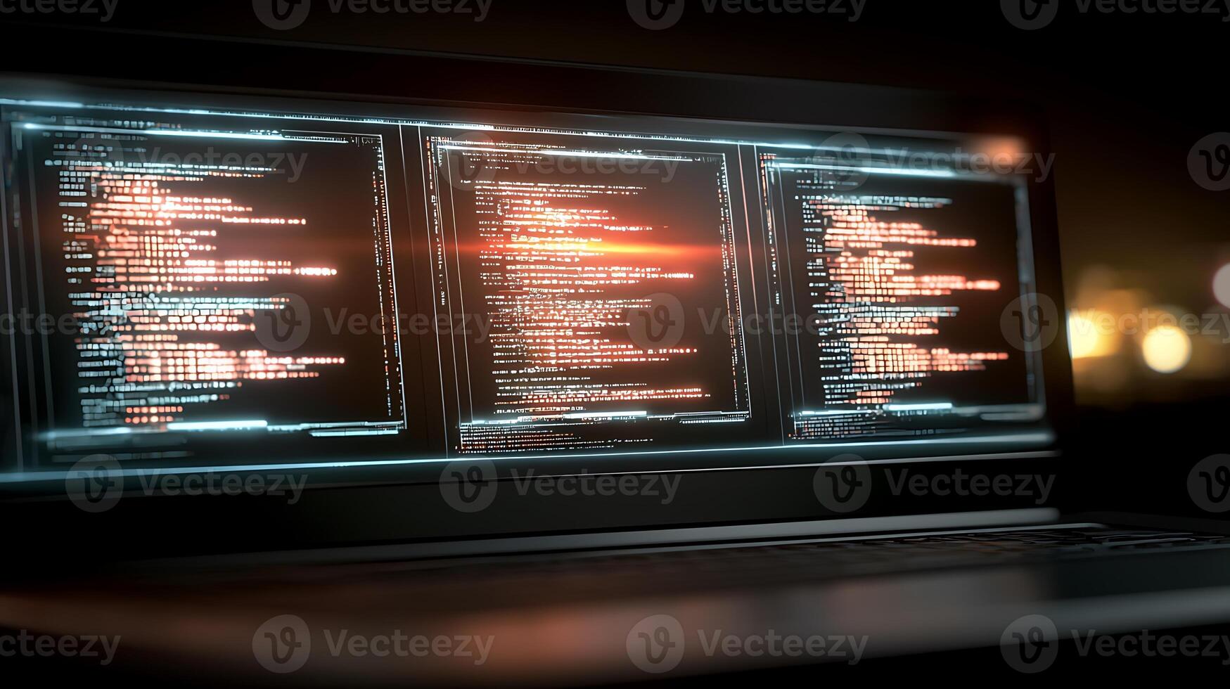 A laptop with code on it in front of a dark background photo