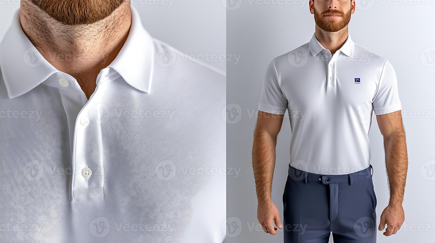 A man in a white polo shirt and blue pants photo