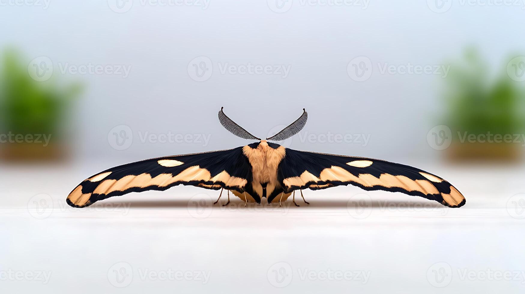 A moth with black and yellow wings sitting on a table photo