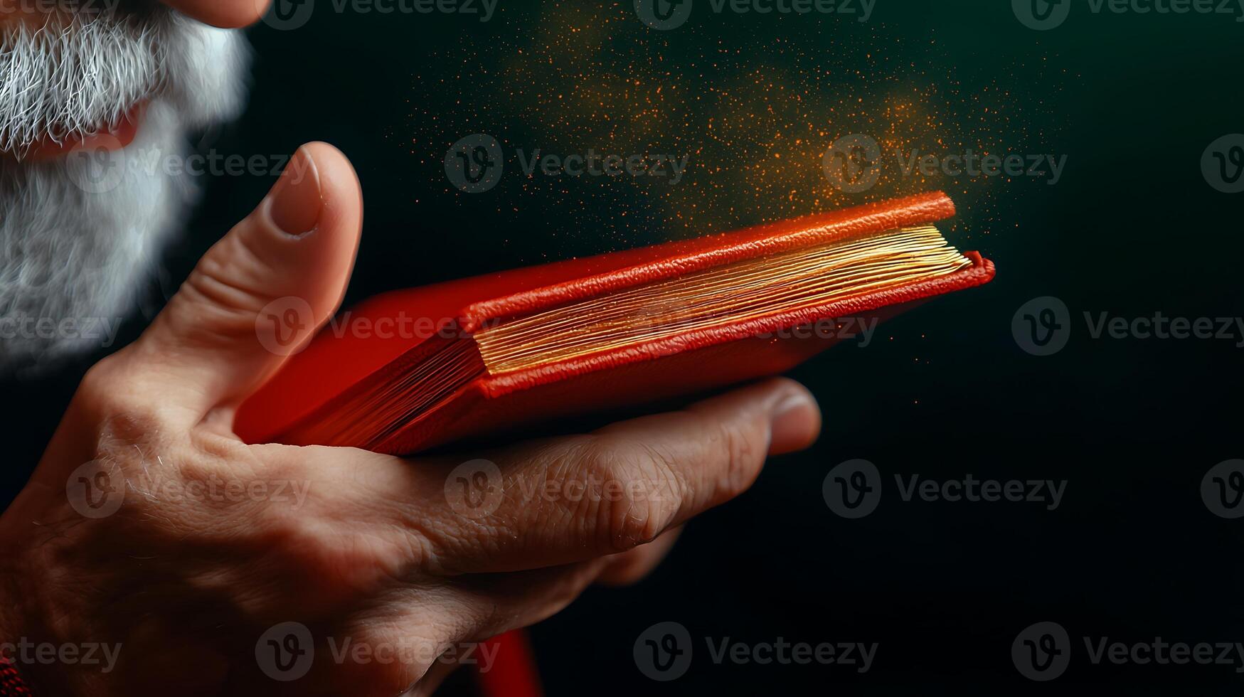 An old man with a white beard and red robe is holding a book photo