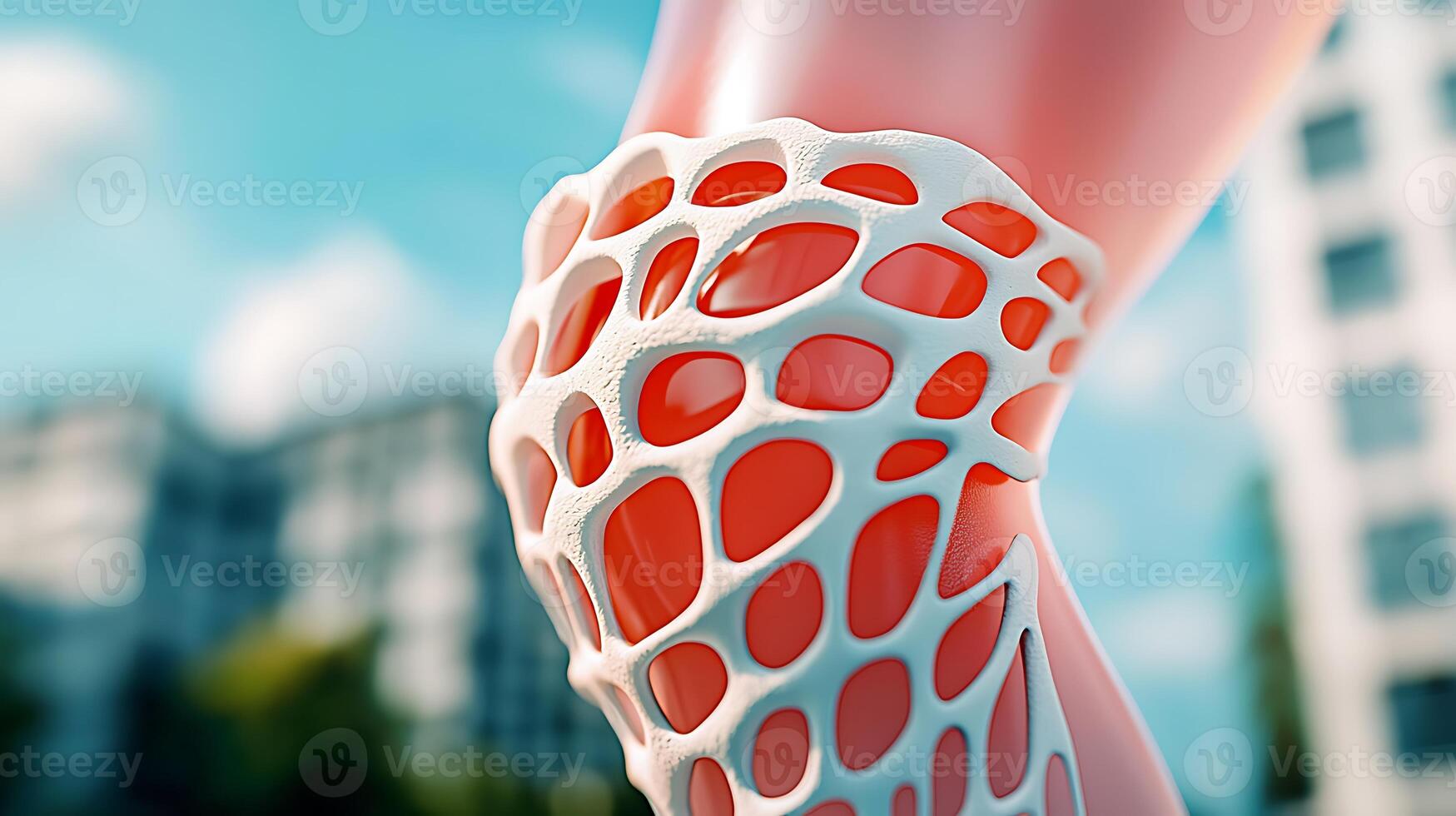 Close-up of a uniquely designed knee brace on a human leg with a city backdrop and blurred buildings photo