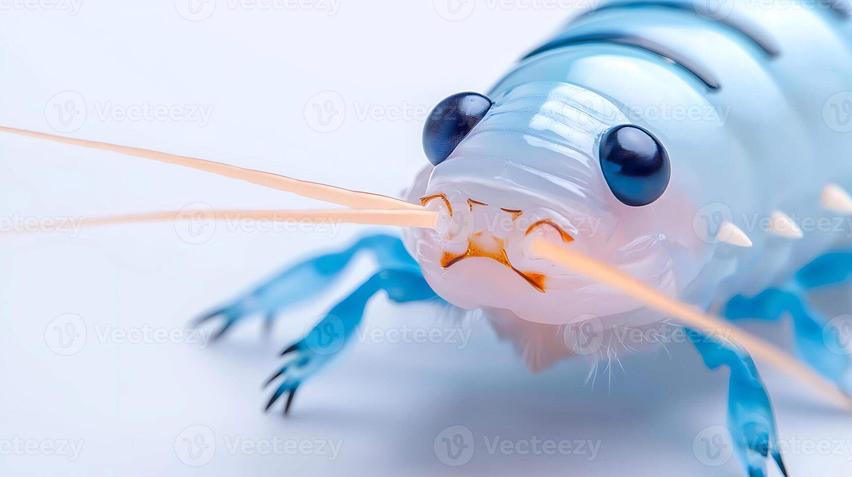 Close-up of a vibrant blue insect with prominent eyes and antennae on a white background photo