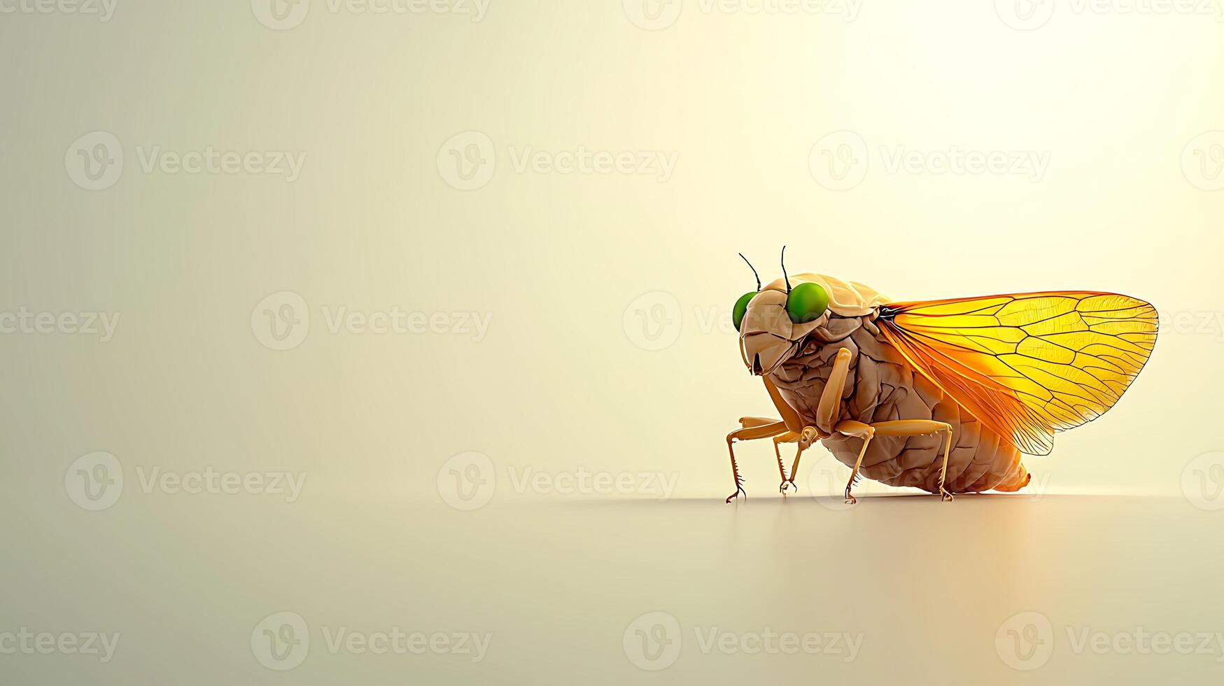 Close-up of a vibrant cicada with orange wings and green eyes on a minimalistic background photo