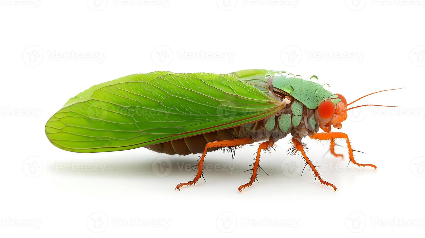 A green bug with orange legs and wings photo