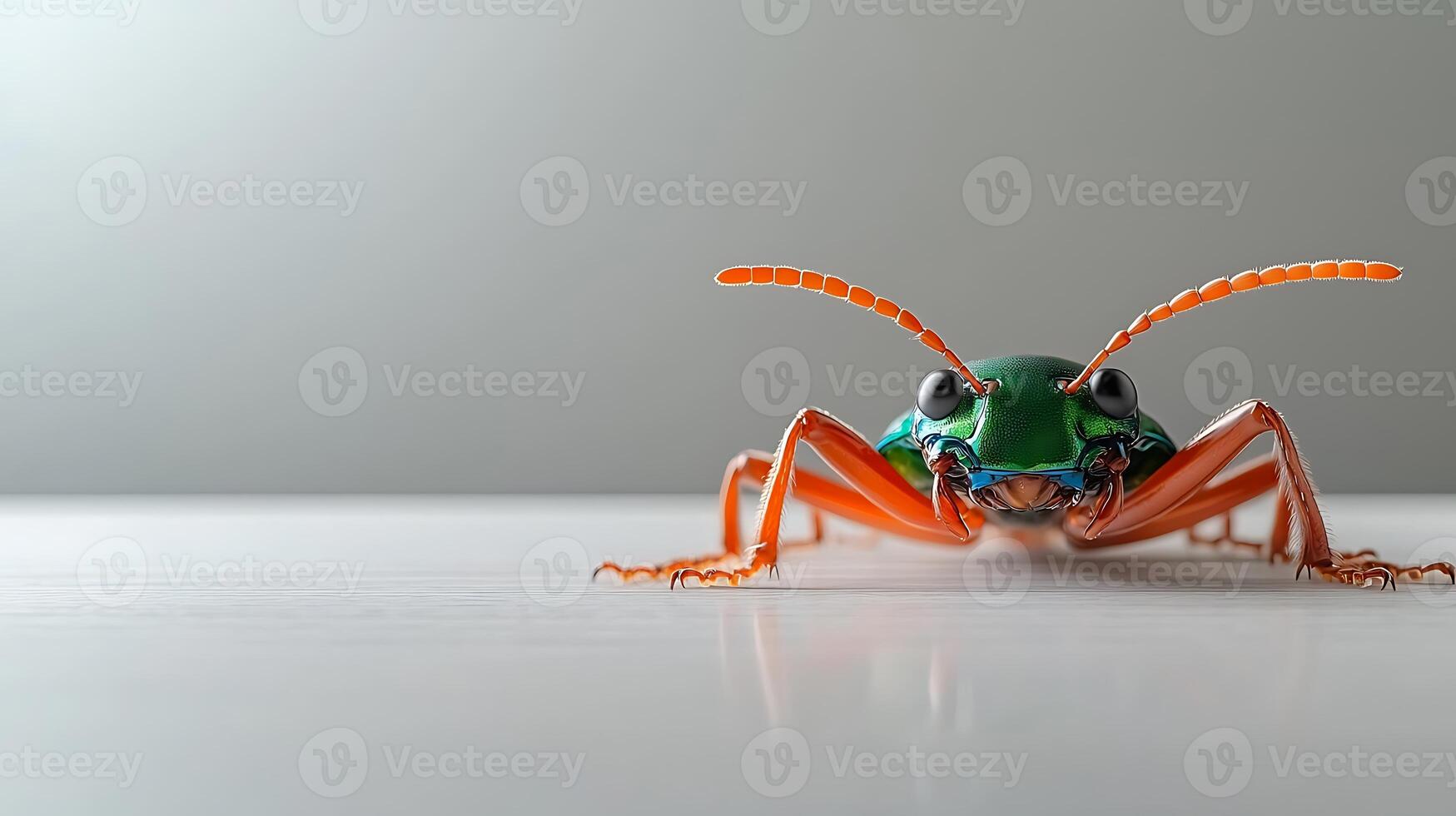 Close-up of a vibrant green and orange insect on a white surface with a blurred background photo