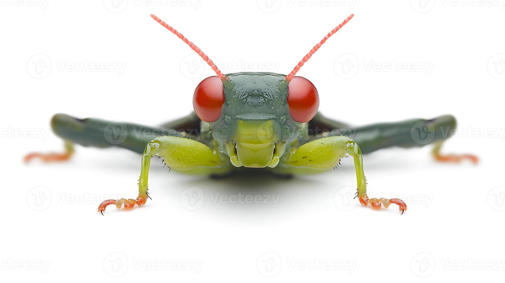 Close-up of a vibrant green grasshopper with striking red eyes on a white background, showcasing its intricate features photo