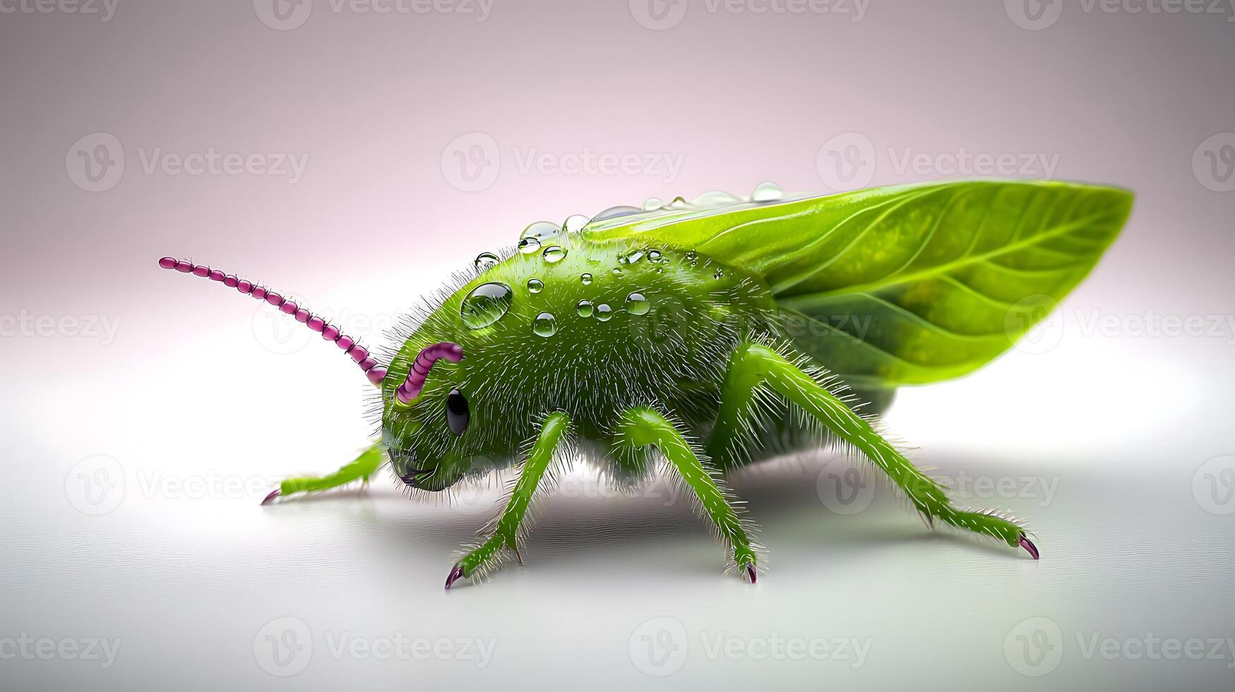 Close-up of a vibrant green insect with leaf-like wings and water droplets on its body photo