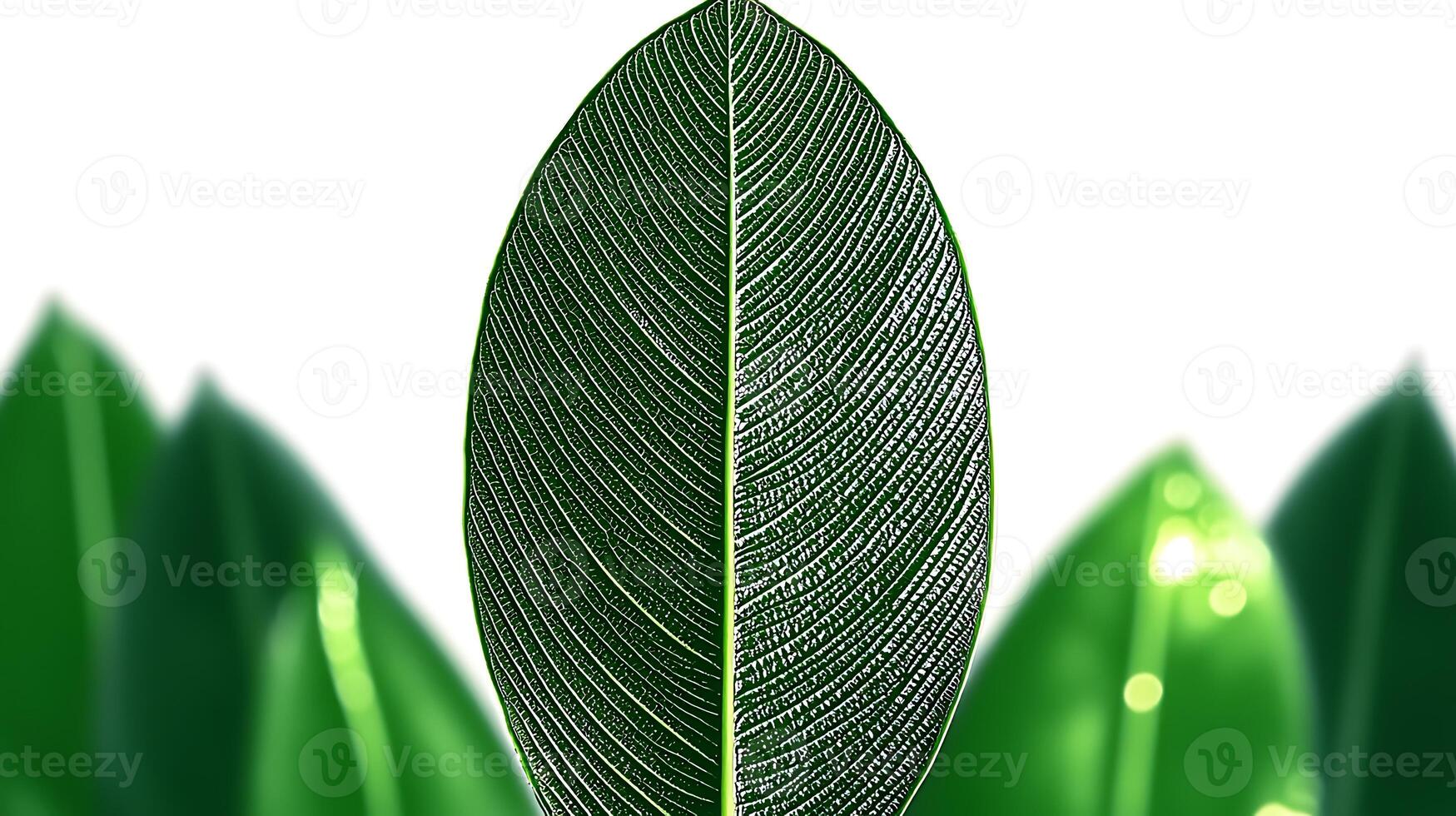 Close-up of a vibrant green leaf showcasing intricate veins against a blurred background of foliage photo