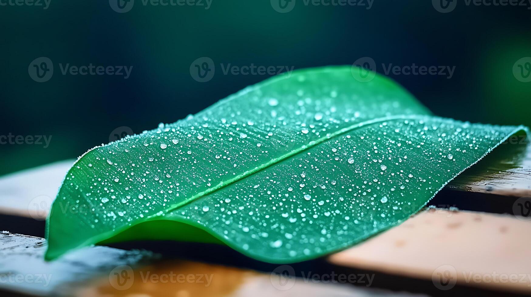 Close-up of a vibrant green leaf with water droplets resting on a wooden surface in nature photo