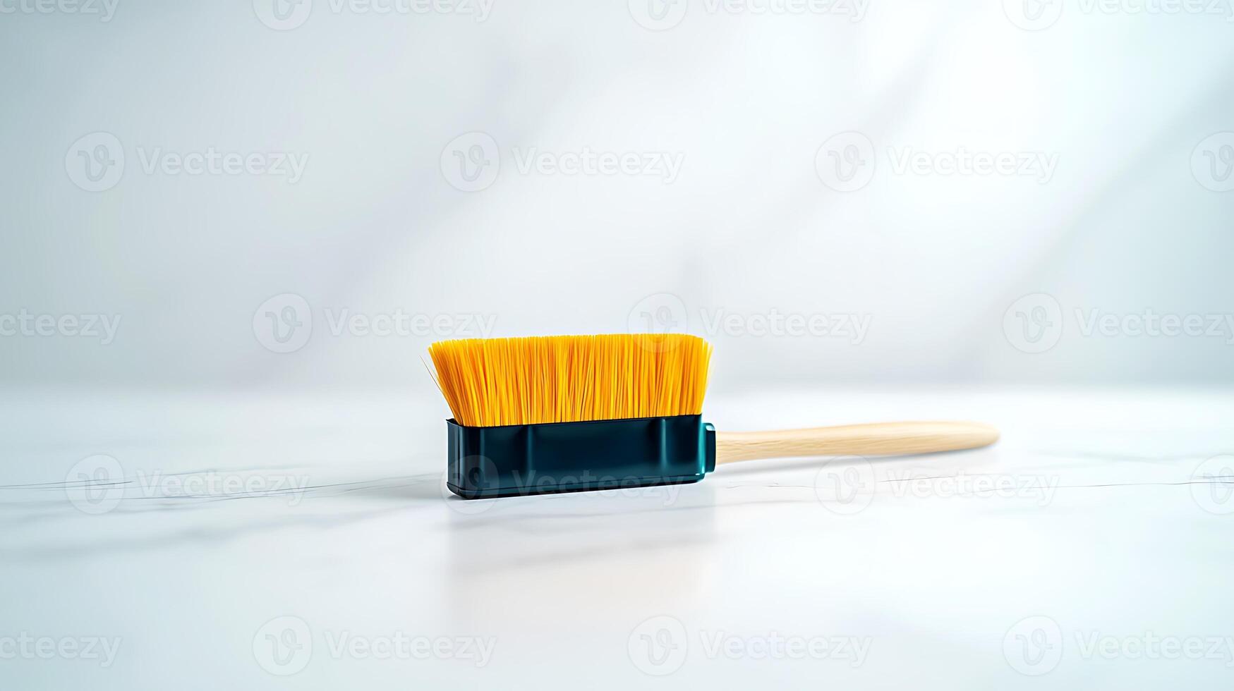 A brush with a yellow handle sitting on a white surface photo