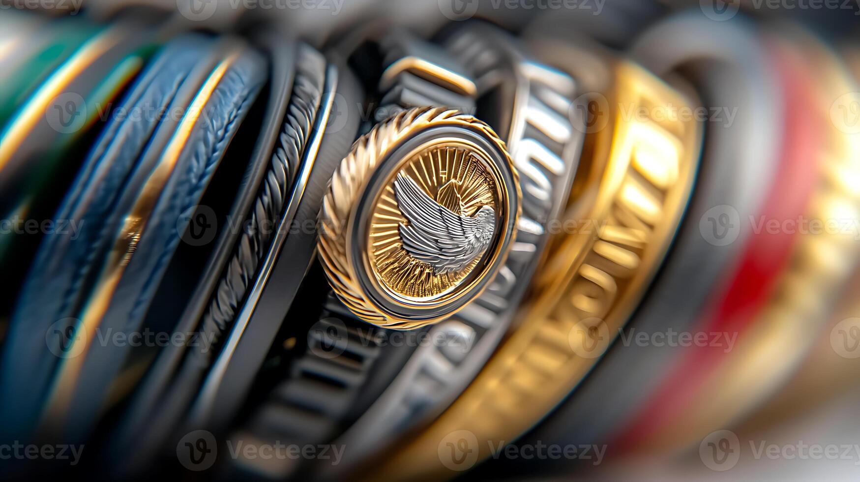 A stack of rings with a gold and silver medallion on top photo