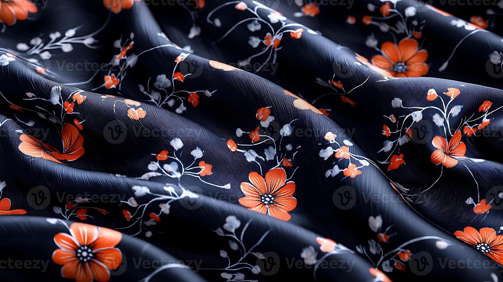 A close up of a black and orange floral fabric photo