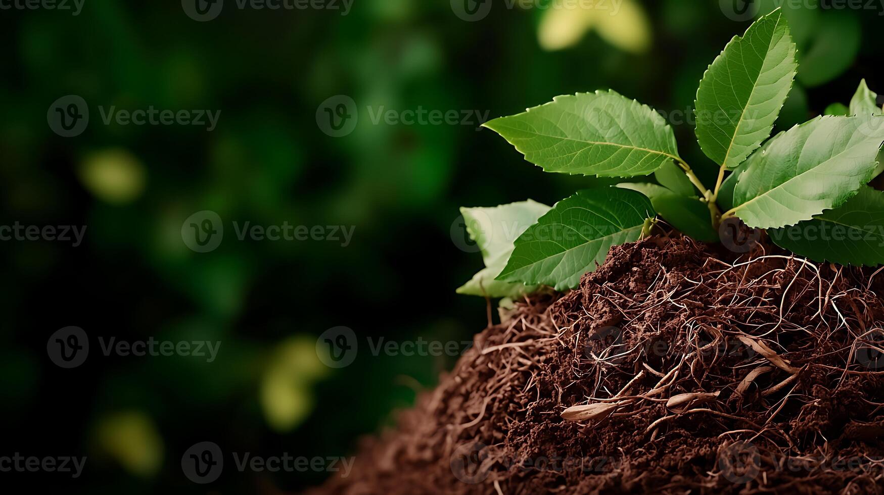 A small plant is growing out of a pile of soil photo