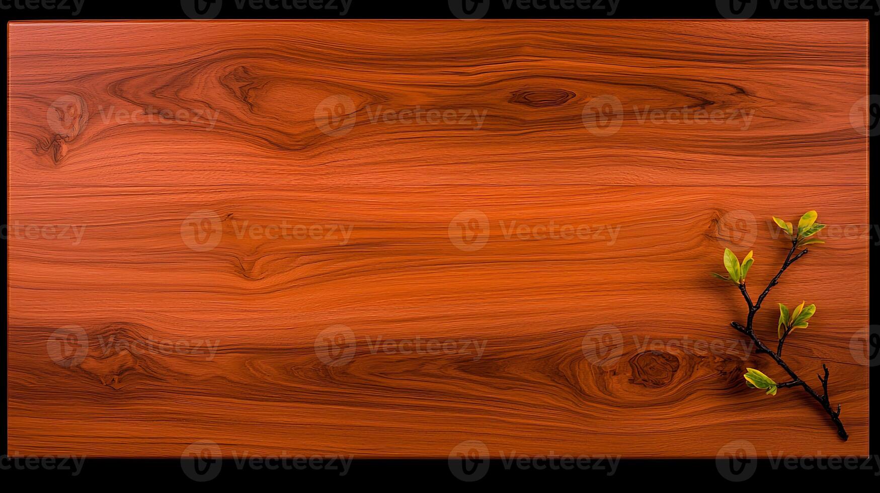 A wooden cutting board with a branch on it photo