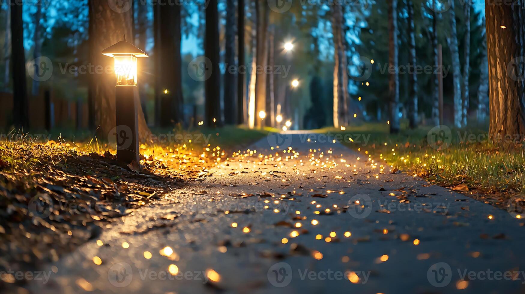 A path lined with trees and lights at night photo