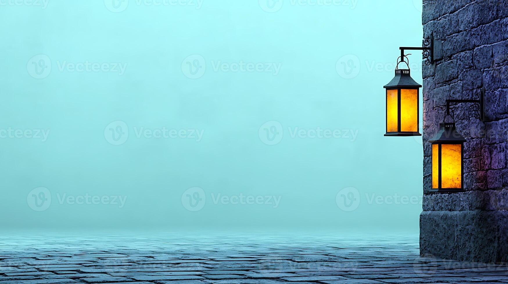 An old stone wall with two lamps hanging from it photo