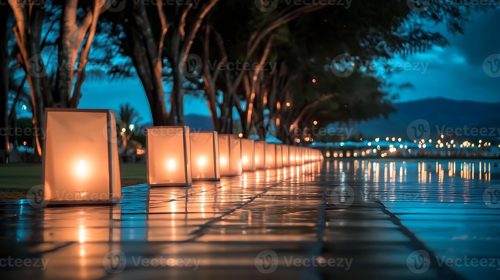 A row of lit lanterns on a walkway photo