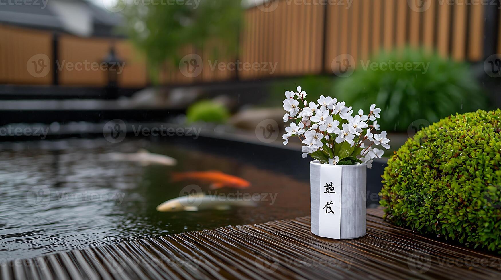 A vase with flowers sitting on a wooden table photo