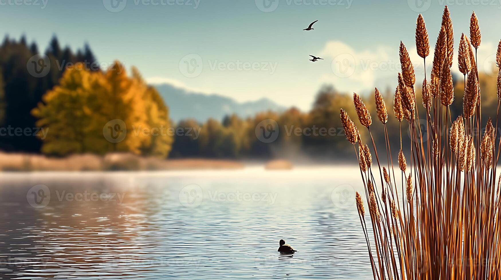 A lake with reeds and birds in the background photo