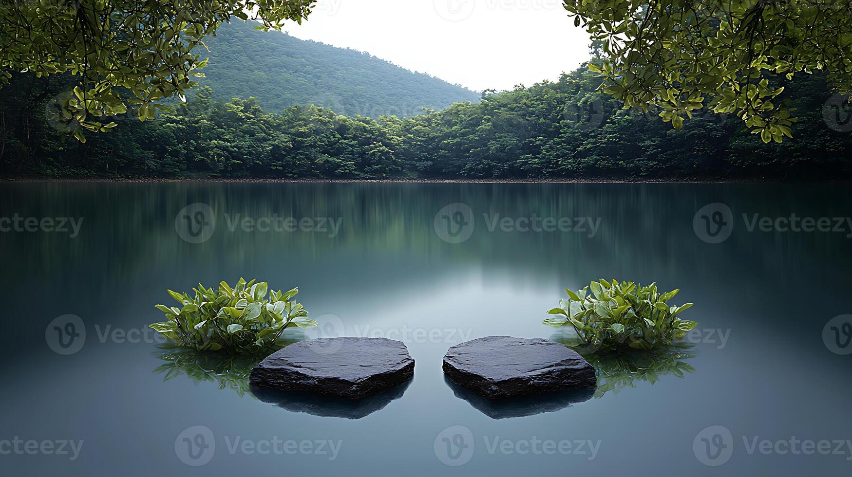 A lake with two rocks in it photo