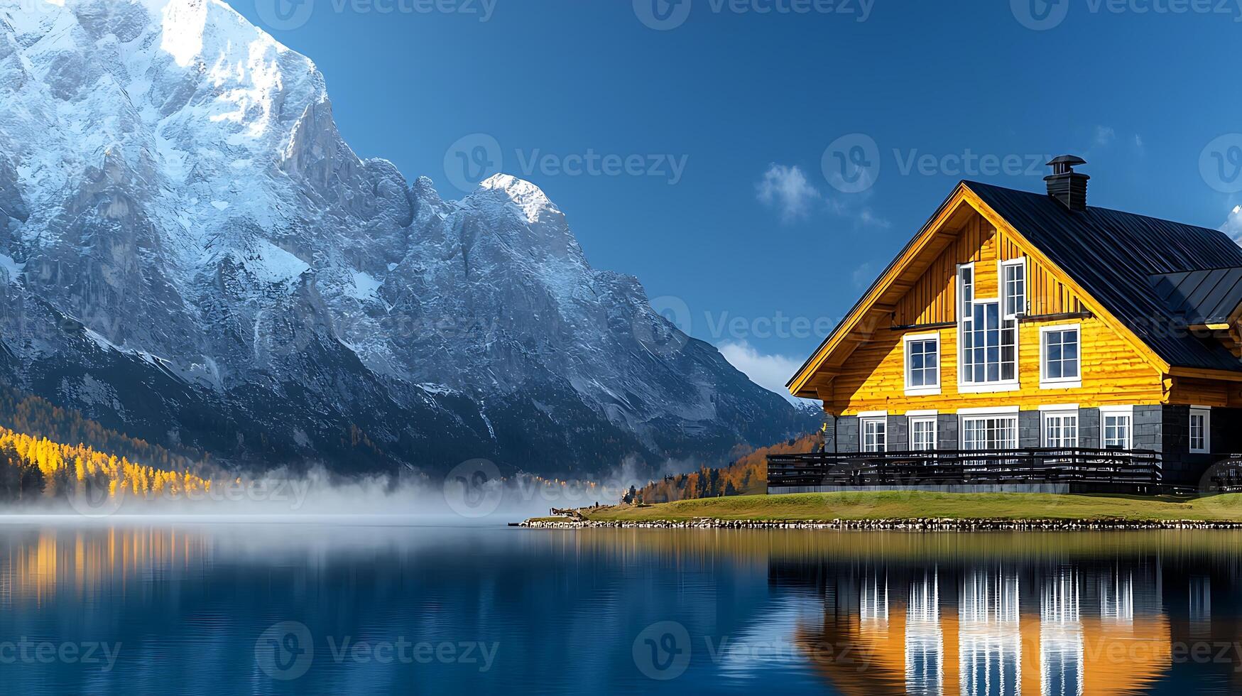 A house sits on the shore of a lake photo