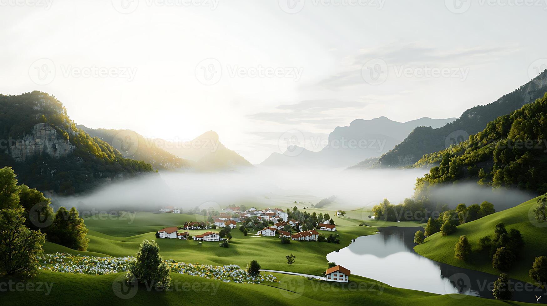 A small village in the mountains with a river photo