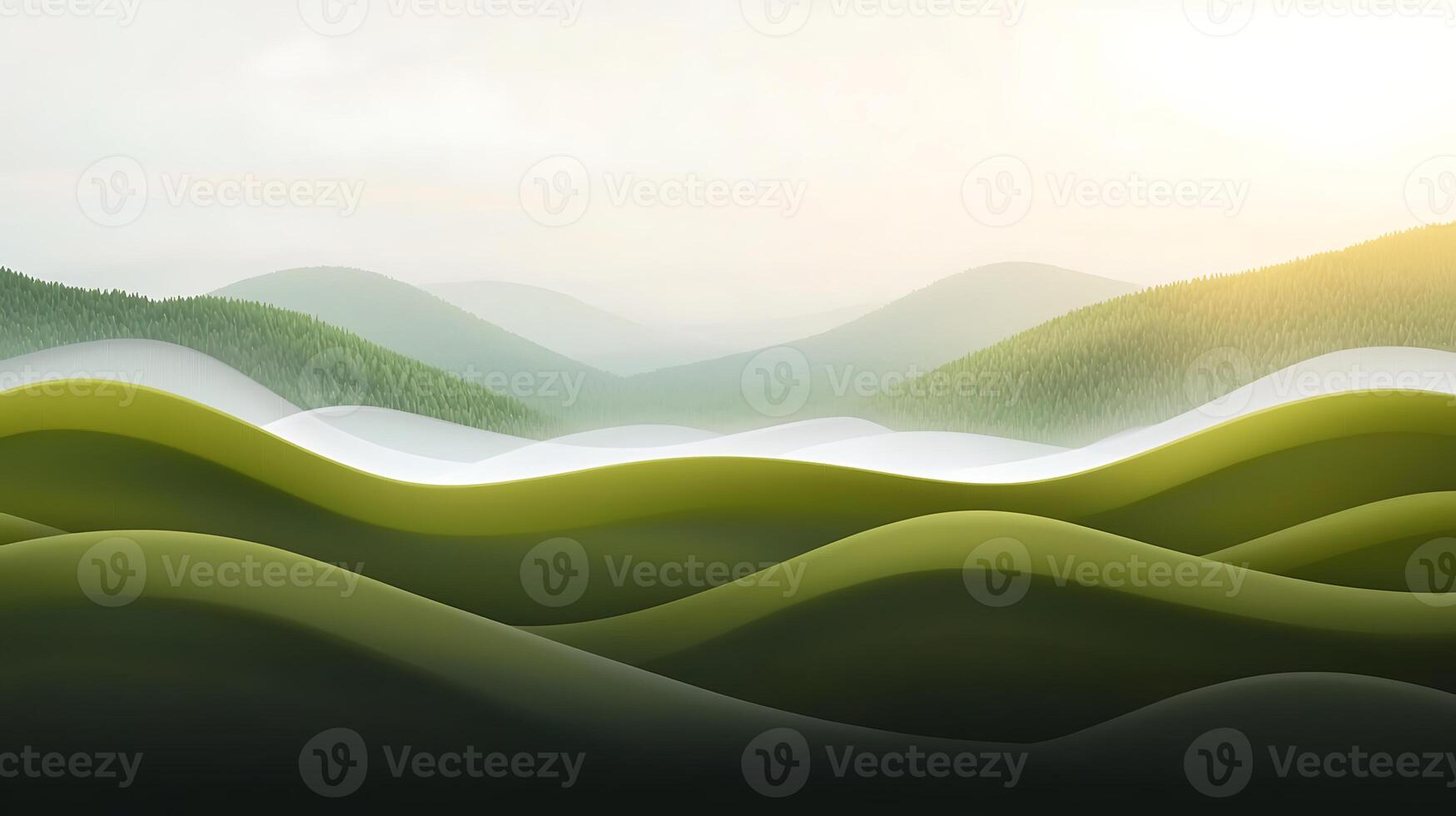Green mountains and hills with sun shining over them photo