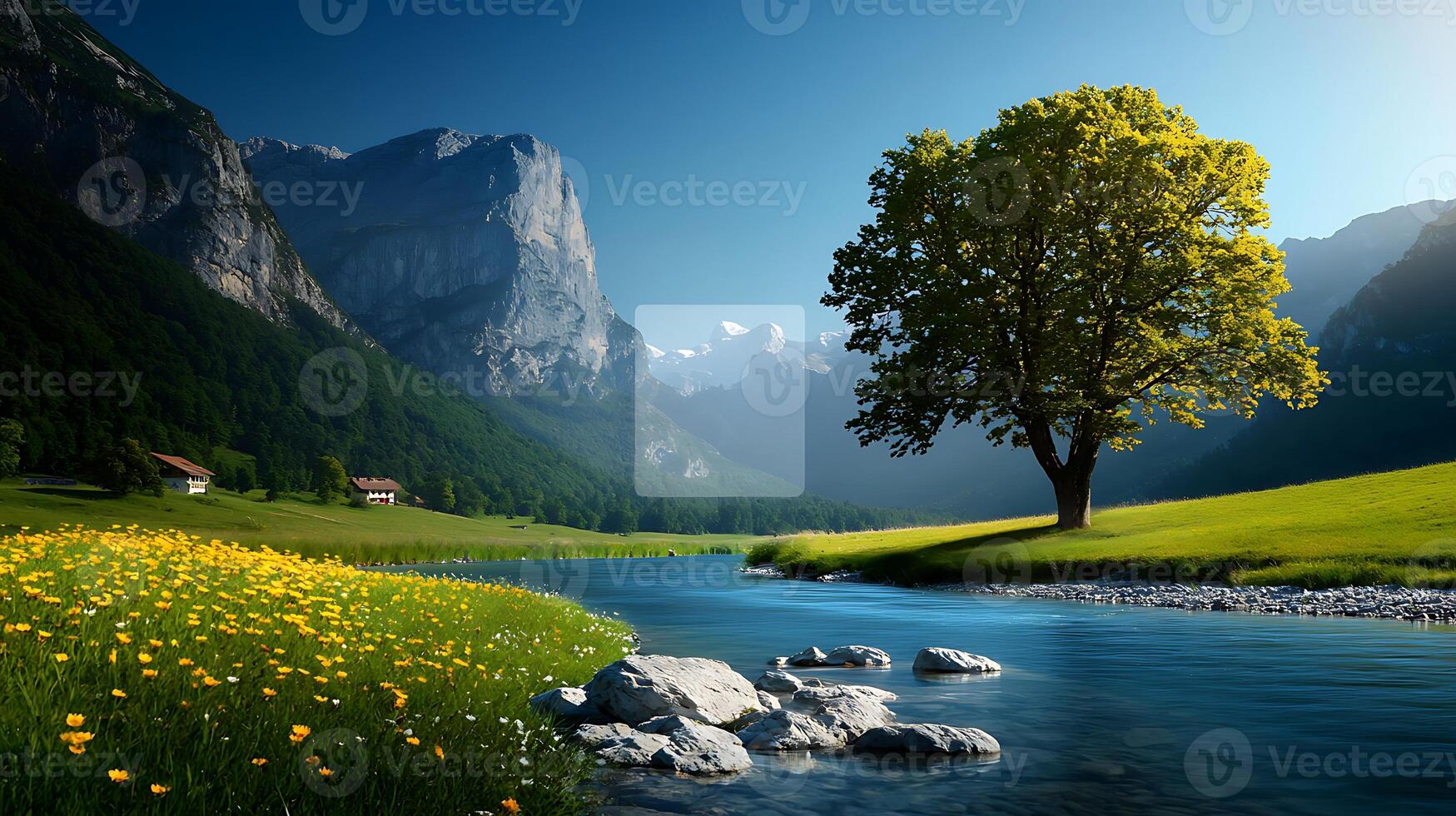 A beautiful mountain landscape with a river and a tree photo