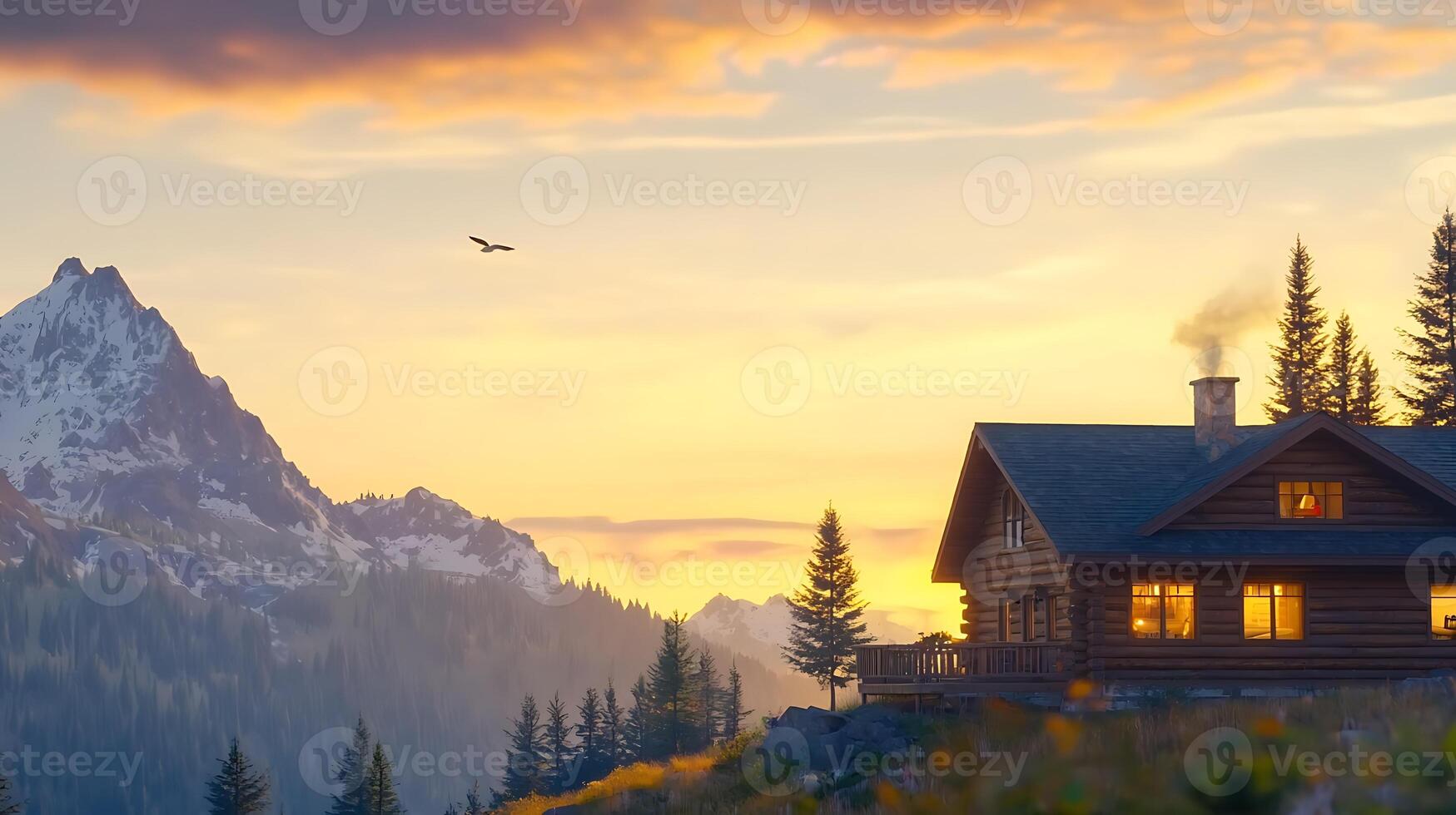 A log cabin in the mountains at sunset photo