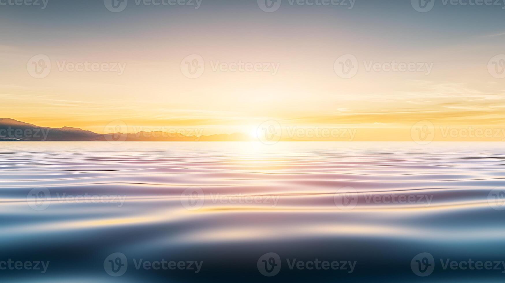 Sunset over the ocean with waves and mountains photo