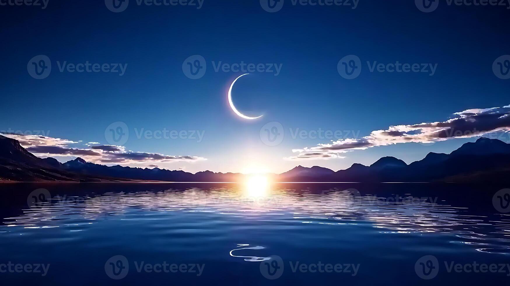 A crescent moon is seen over a lake photo
