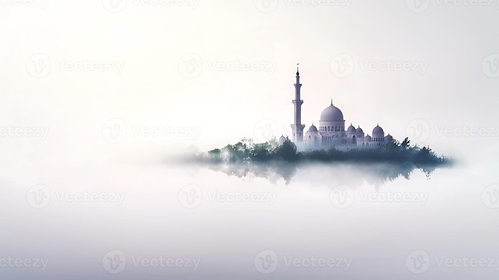 A mosque in the fog with trees and water photo