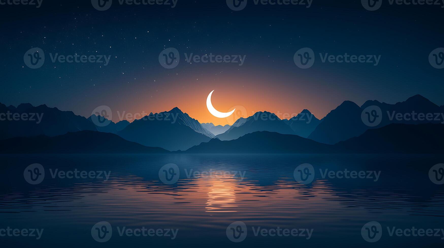 A crescent moon and a mountain range at night photo