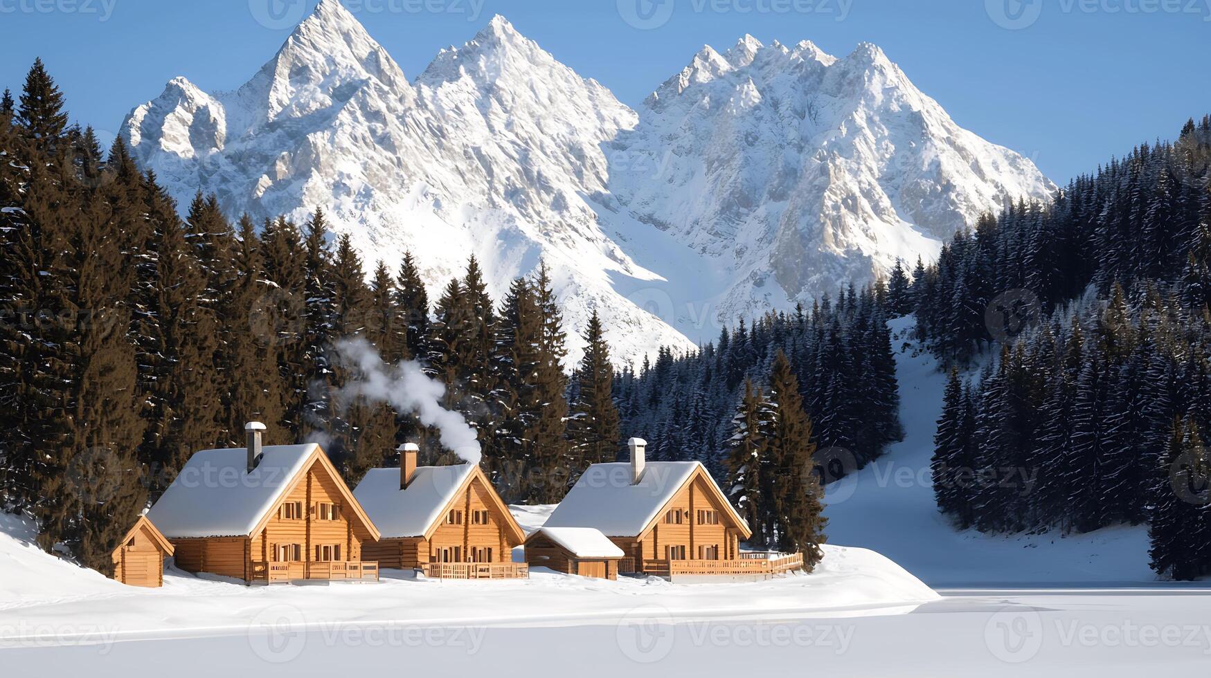 A snowy mountain scene with a cabin in the foreground photo