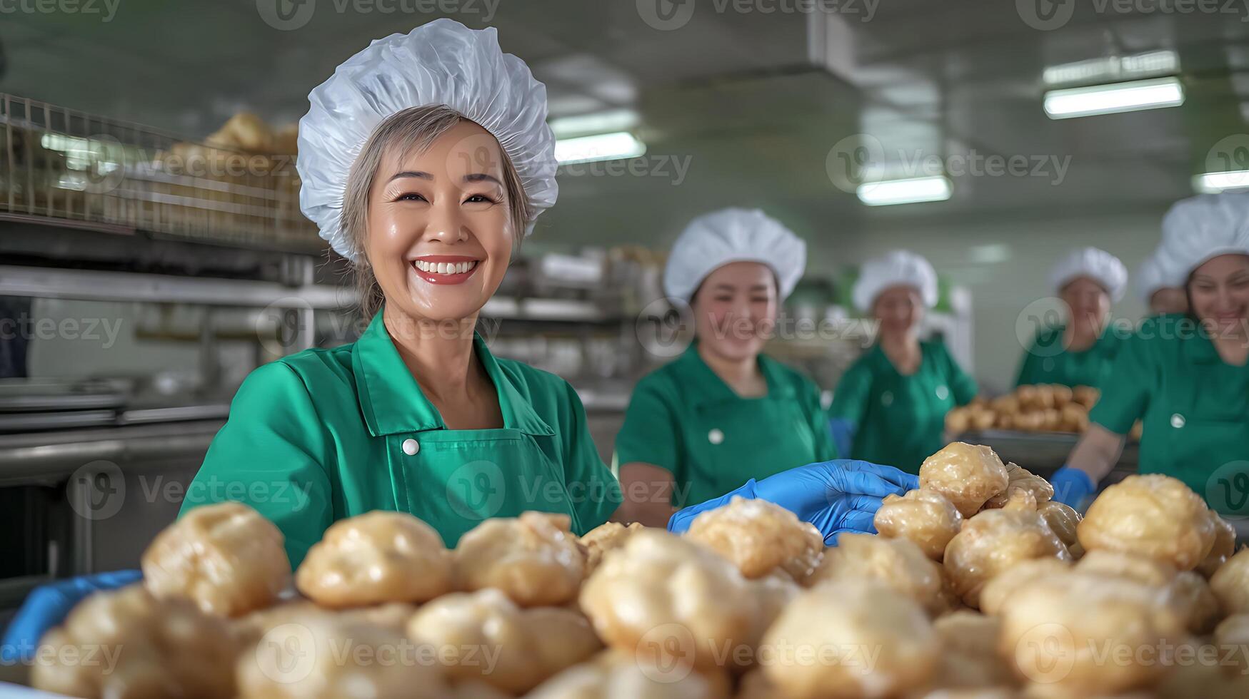 A woman in a green uniform is smiling while holding a tray of doughnuts photo