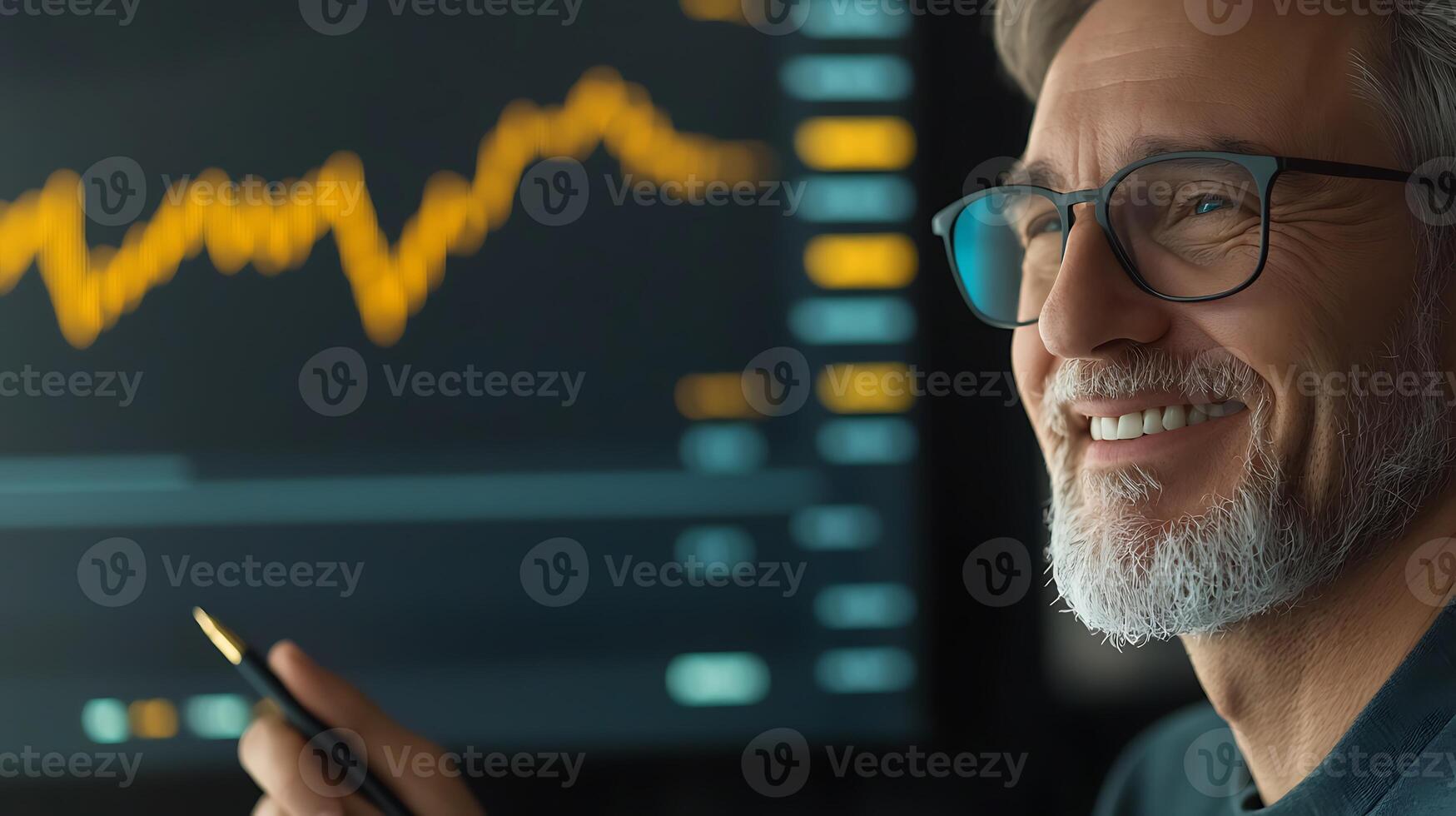 A man with glasses and a beard is looking at a stock chart photo