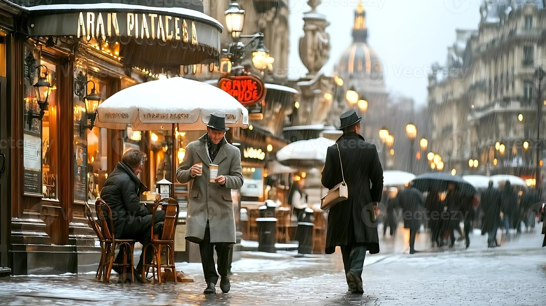 People walking down a street in the snow photo