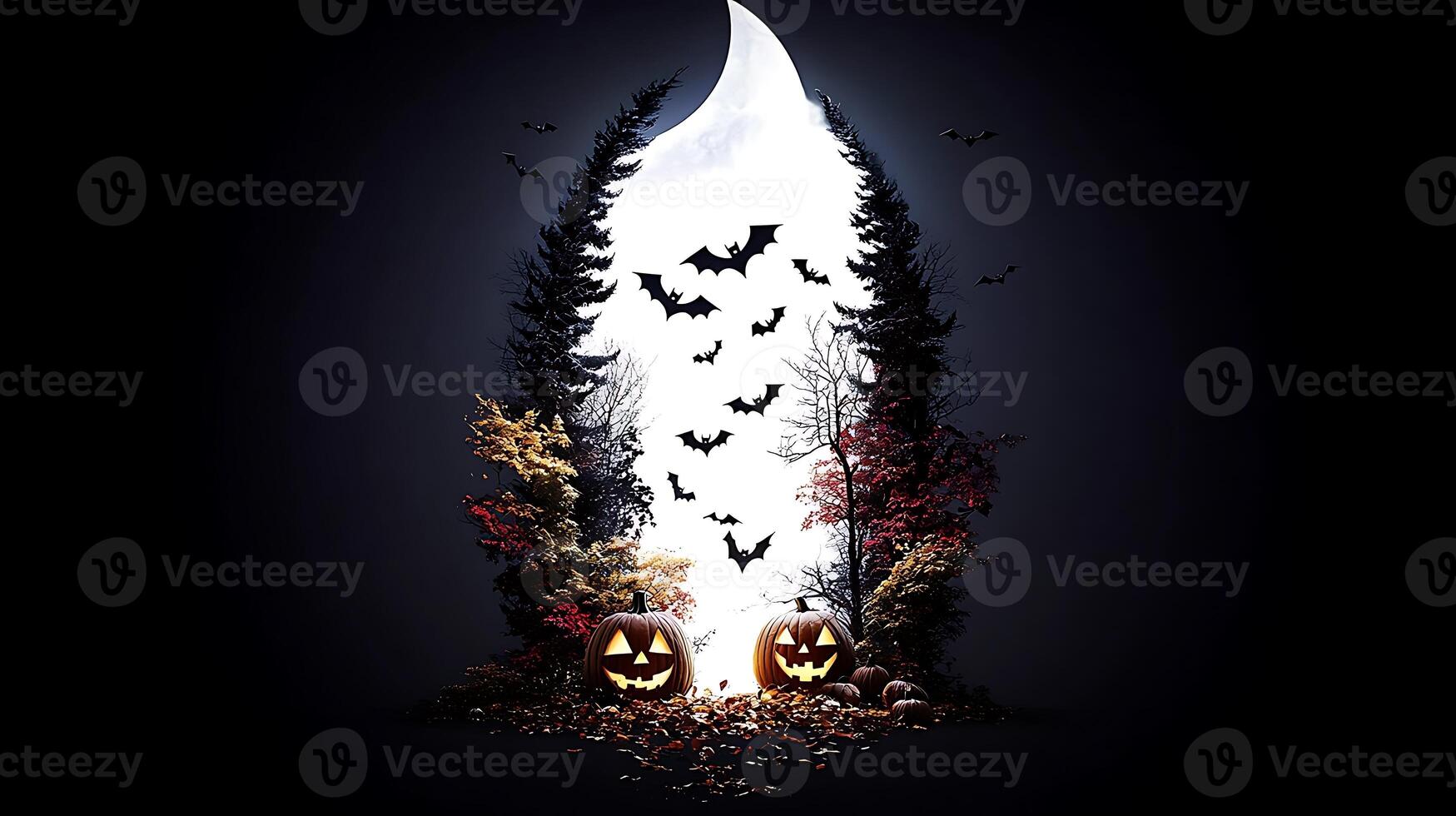 Halloween pumpkins and bats in the dark photo