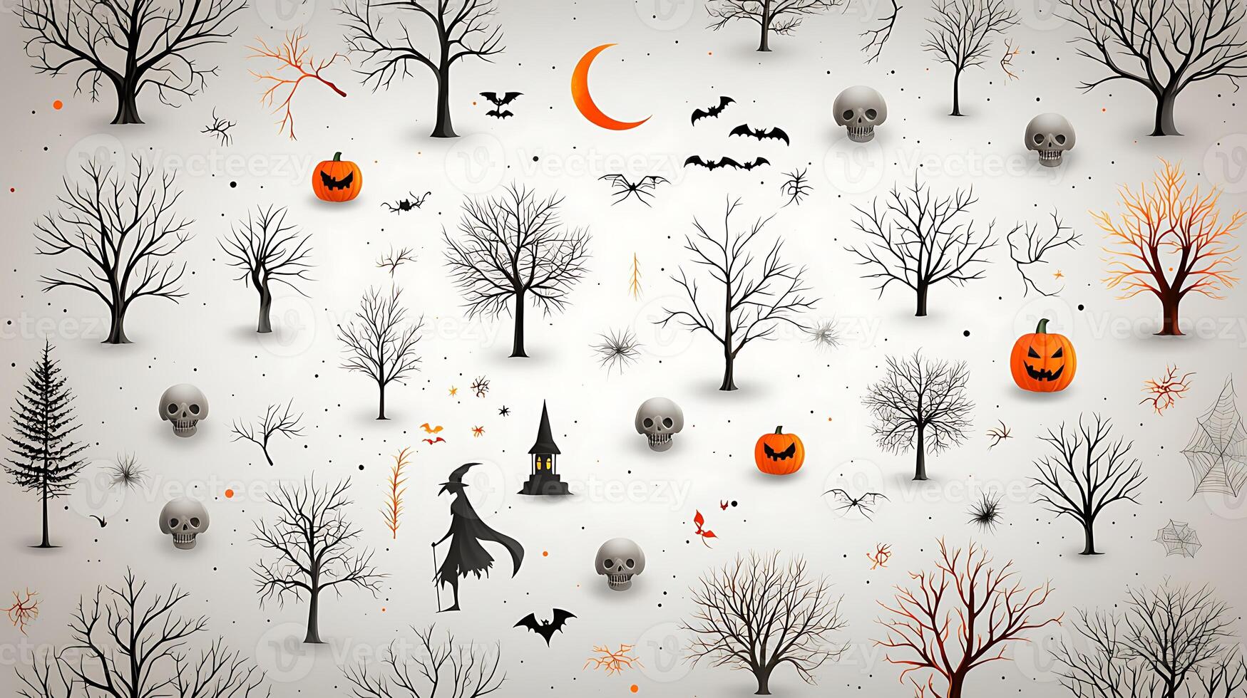 Halloween background with trees, pumpkins and witches photo