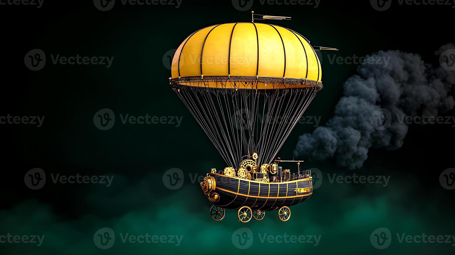 A steam train with a yellow balloon flying in the air photo