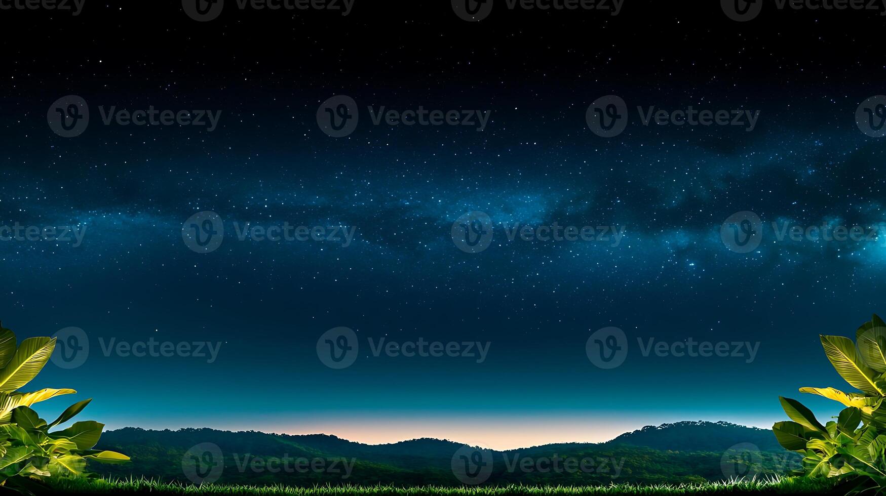 A night sky with stars and a green field photo