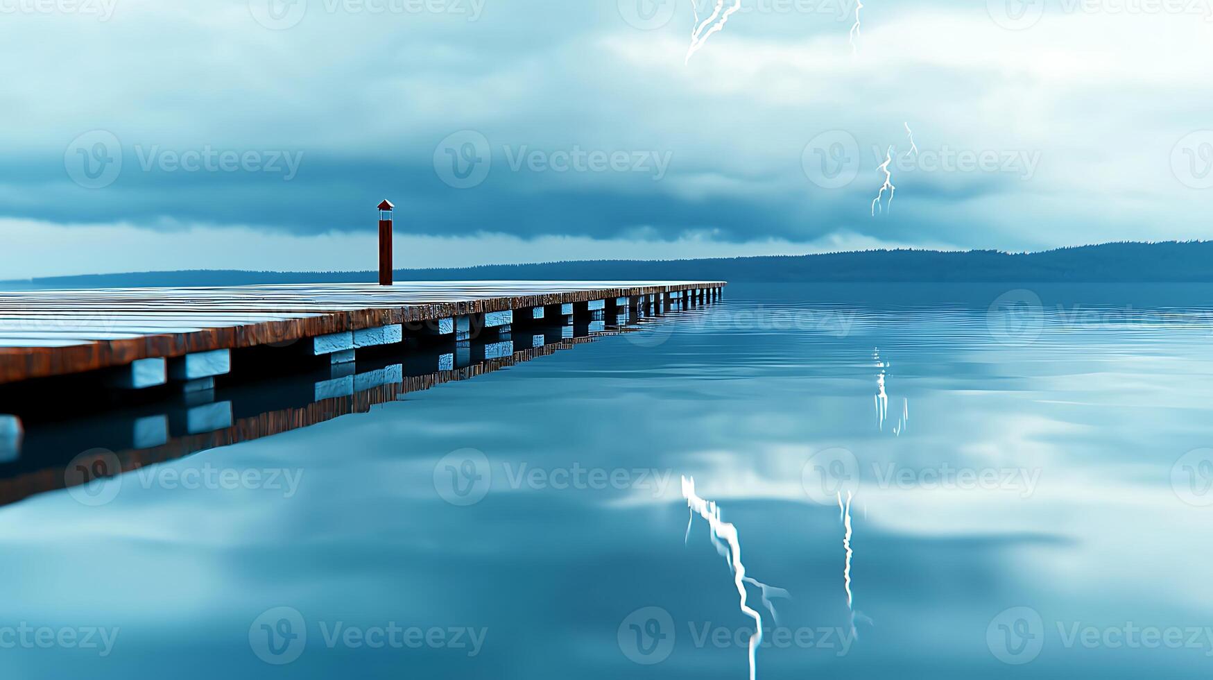 A dock with lightning and clouds in the sky photo