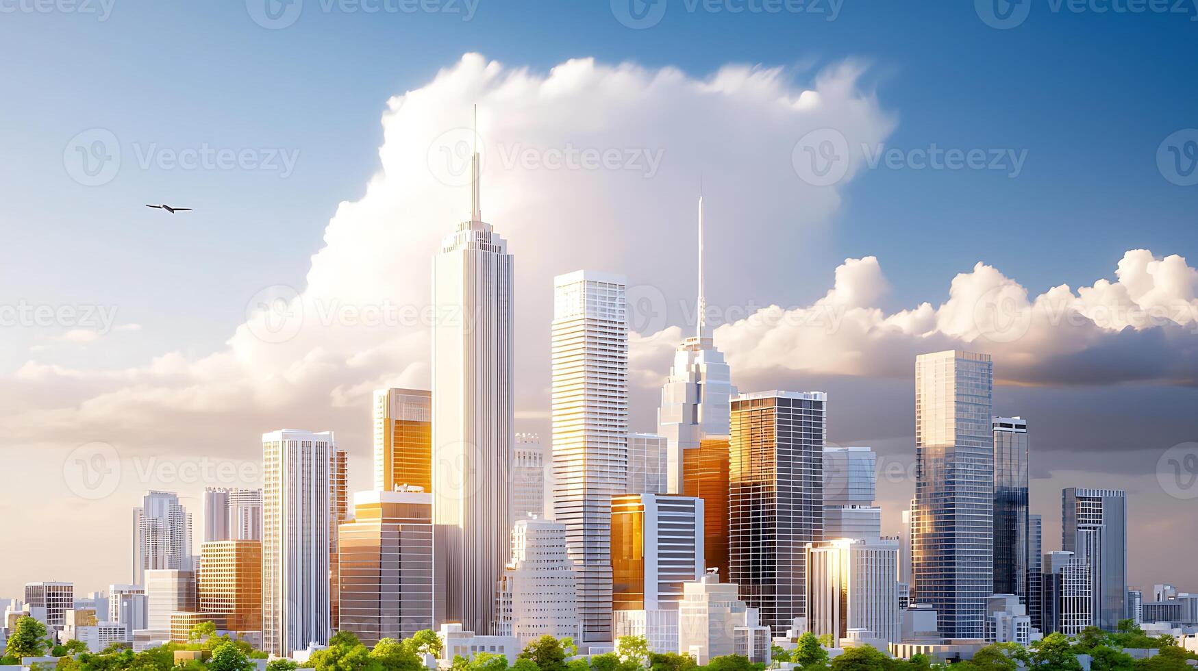 A city with tall buildings and trees photo