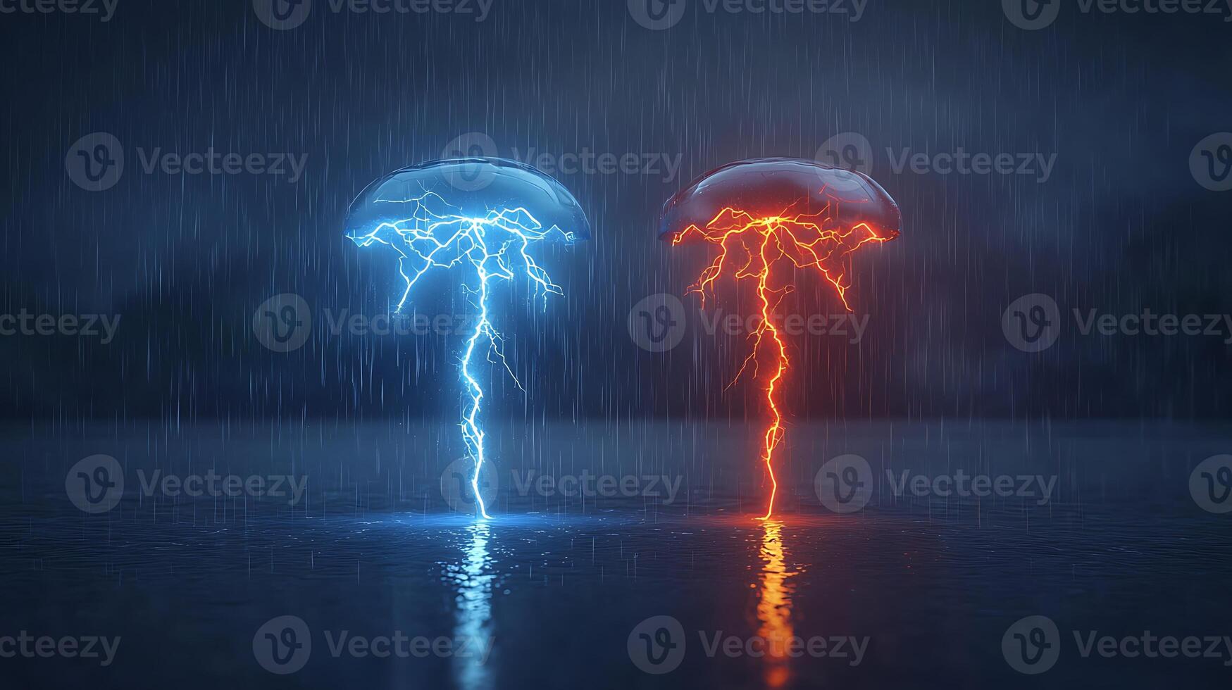 Two jellyfish with lightning and water photo