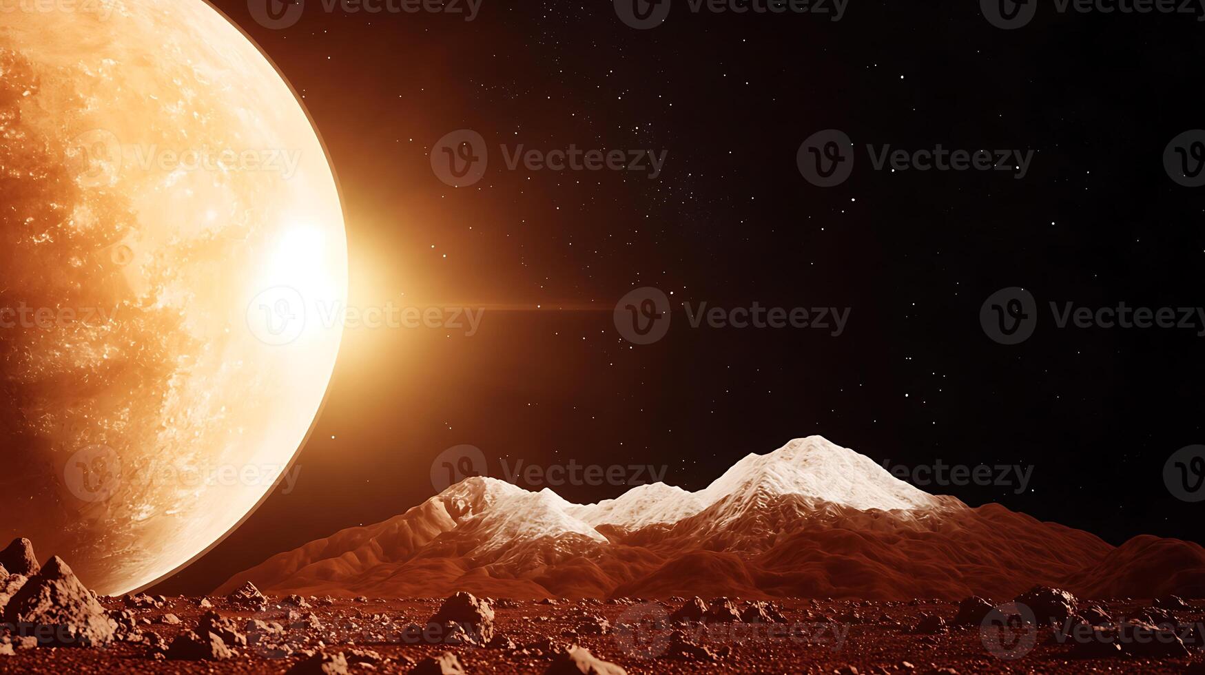 An alien planet with mountains and a red sun photo