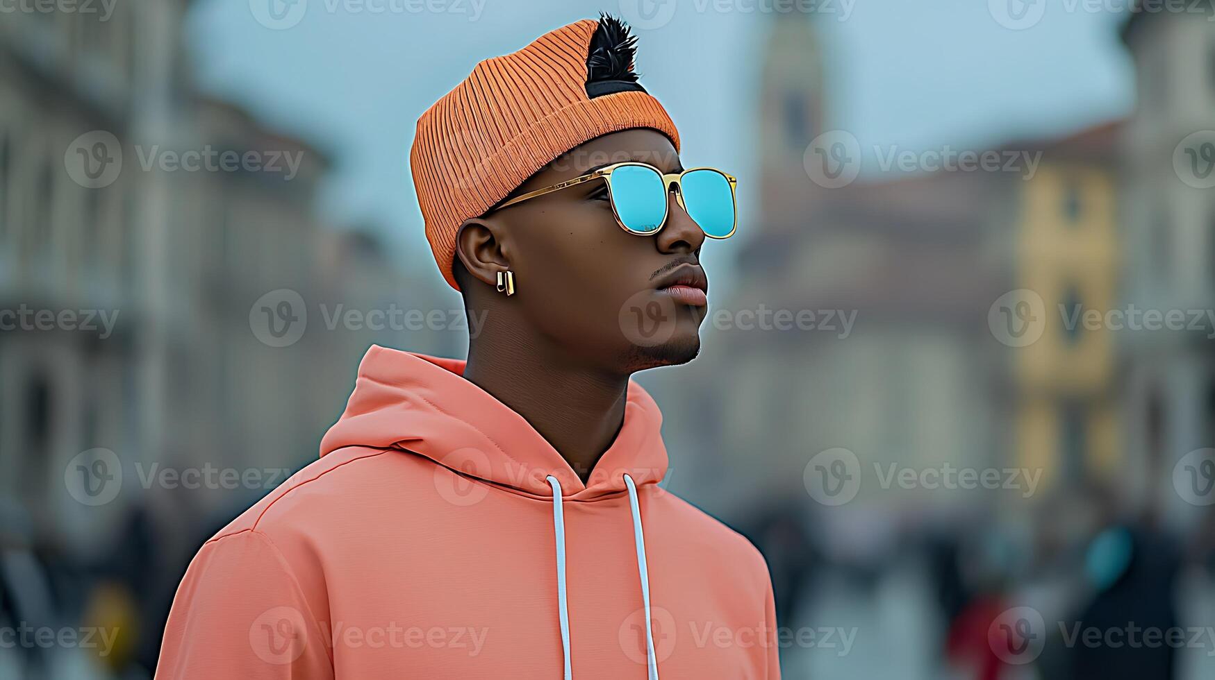 A man wearing sunglasses and an orange hoodie photo