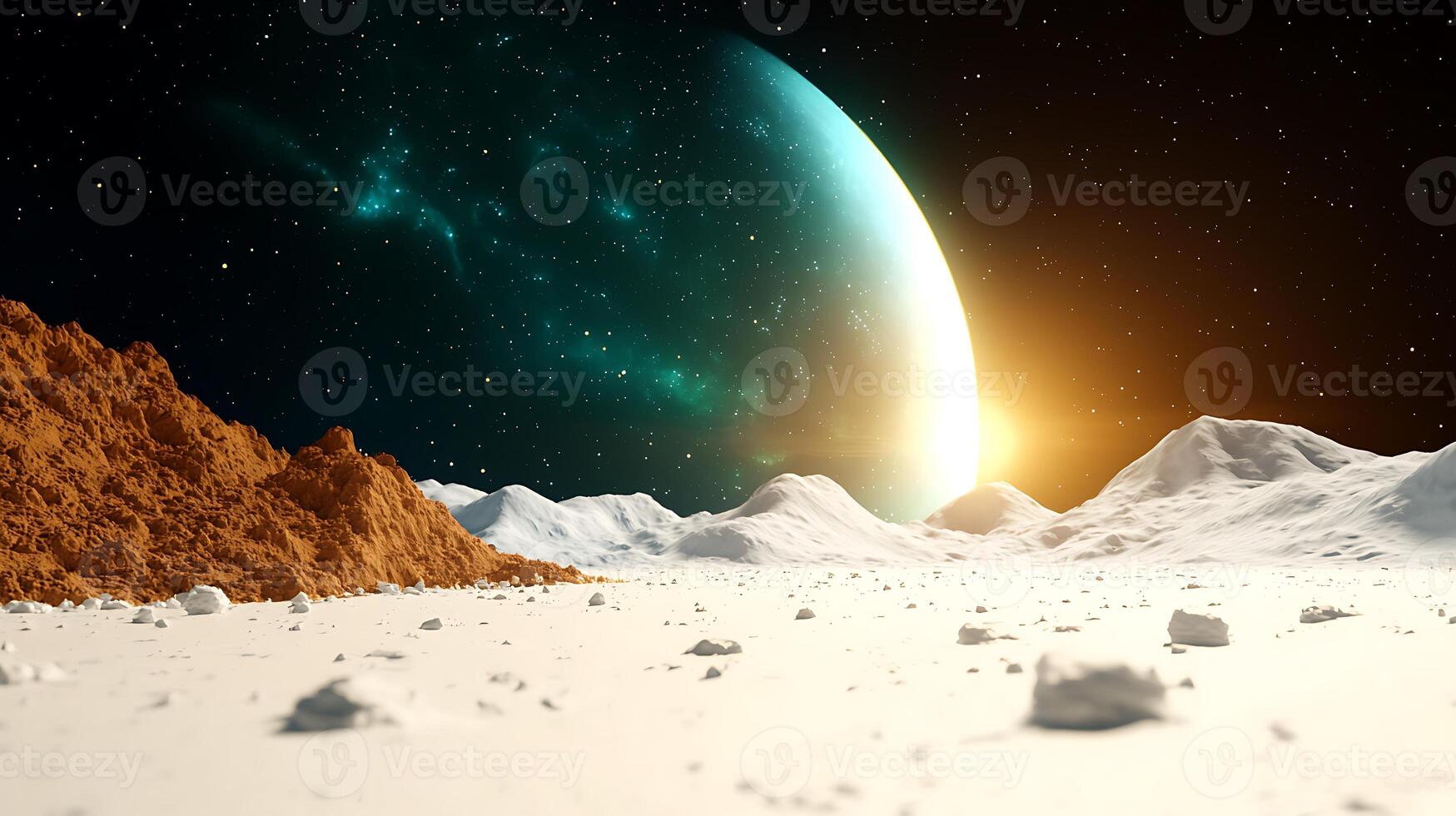 An alien landscape with a bright sun and mountains photo