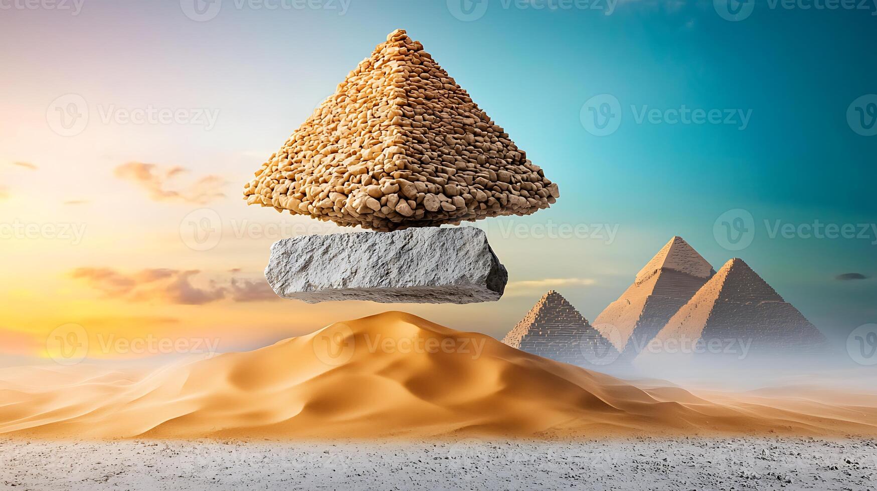 A pyramid with a rock on top of it in the desert photo